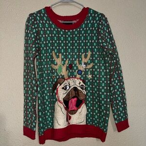 Ugly Christmas Festive Pug Sweater with Antlers